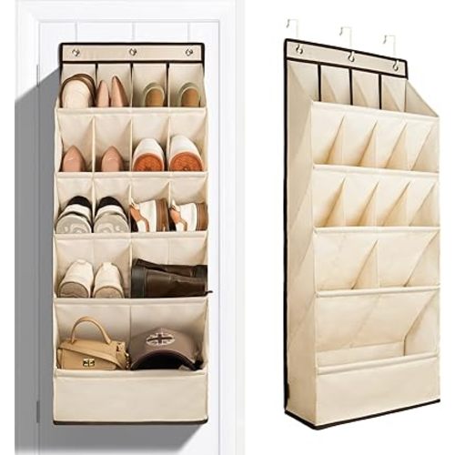 FENTEC 1 Pack Over the Door Shoe Organizers, Hanging Shoe Organizer with Large Deep Pocket Shoe Holder for Closet Shoes Rack for Wall, Over Door Shoe Storage Hold up to 18 Pairs Shoes, Beige