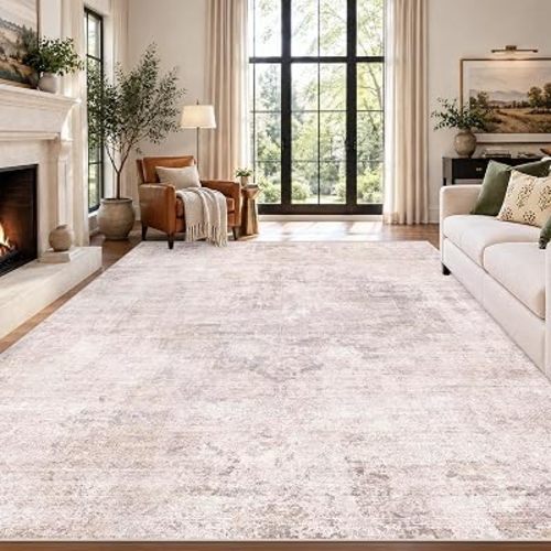 Hazo Haus Modern Pink Mauve and Grey Abstract Area Rugs 9x12 for Living Room, Large Rug for Dining Room - Farmhouse Bedroom Rug, Washable Non Slip with Rubber Backing, Distressed Design