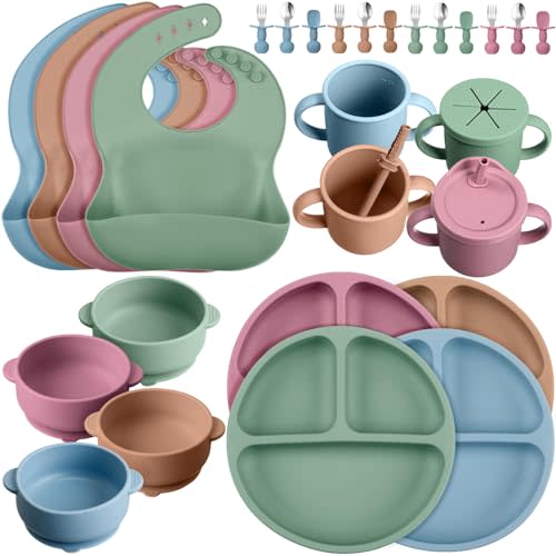 Yinder 32 Pack Silicone Baby Feeding Set Baby LED Weaning Supplies Includes Suction Divided Plates Soft Bowl Spoons Forks Adjustable Bib Snack Cup with Lid and Straws(Bright Color)