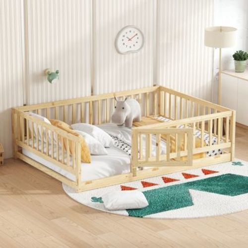 Full Size Kid Floor Bed with Fence & Door, Montessori Floor Bed Frame for Toddlers, Doubles as Play Area, Oak- ModernLuxe