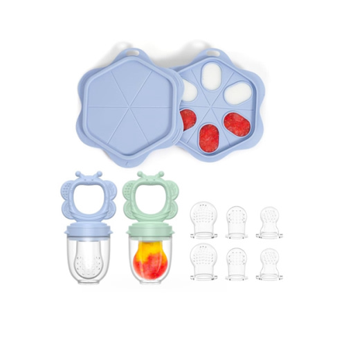 Silicone Baby Fruit Food Feeder (2 Pack) with Freezer Nibble Tray, Breastmilk Popsicle Molds for Baby Teething Relief, Silicone Feeder for Safe Infant Self Feeding, BPA Free, Dishwasher Safe, 3 Month+