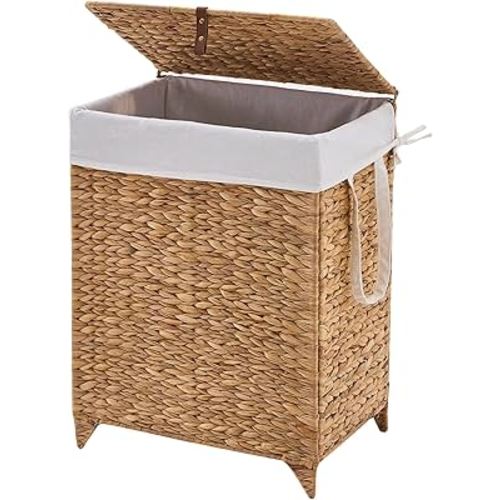 Laundry Hamper with Lid and Removable Liner Bag, Handwoven Natural Hyacinth Clothes Hamper with Heightened Feet, Wicker Laundry Basket for Clothes and Towels，Middle
