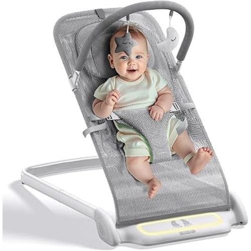 Derson Baby Bouncer, Portable Baby Bouncer Seat for Babies 0-6 Months, Infant Bouncer Chair Newborn with 8 Soothing Music, Foldable, Natural Vibrations (Gray)