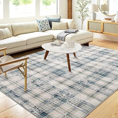 COZYLOOM Rugs for Living Room, Washable Rug 9x12 Modern Plaid Rug Non-Slip Stain Resistant Geometric Carpets Low Pile Door Mats for Kids Room, Office, Dining Room, Bedroom, Blue/Beige