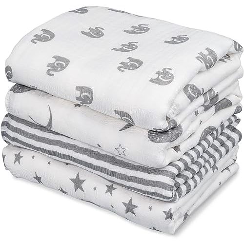GLLQUEN BABY Muslin Swaddle Blankets 4-Pack Breathable Receiving Blankets (35" x 40") Soft Baby Blankets for Girls and Boys Newborn Essentials Muslin Burp Cloths Swaddle Wrap Baby Gift (Elephant)