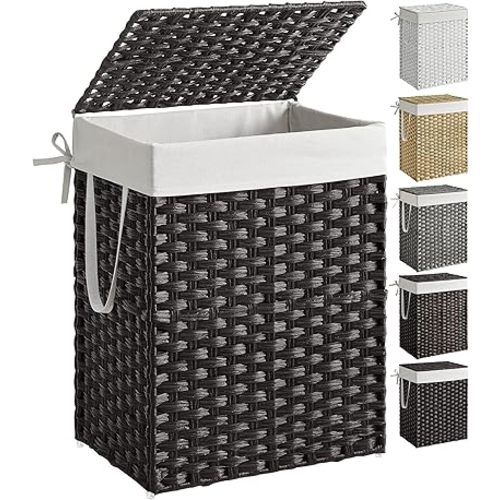 SONGMICS Laundry Hamper with Lid, 23.8 Gallon (90 L) Synthetic Rattan Clothes Laundry Basket with Lid and Handles, Foldable, Removable Liner, Black ULCB51BK