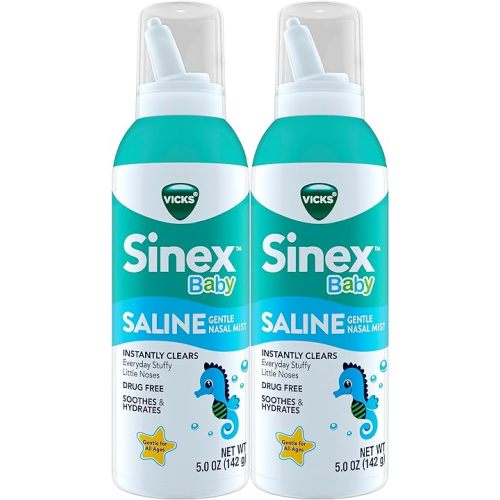 VICKS Sinex Baby Saline Nasal Spray, Drug Free Gentle Nasal Mist, Instantly Clears Everyday Stuffy Little Noses, Soothes & Hydrates, Safe For Daily Use, Gentle For All Ages, 5 OZ x 2