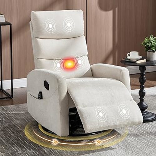 Manual Swivel Rocker Recliner Chair with Vibration Massage, Overstuffed Glider Chair with Lumbar Heat for Nursery, Living Room Reclining Sofa Chair, Chenille Fabric Beige