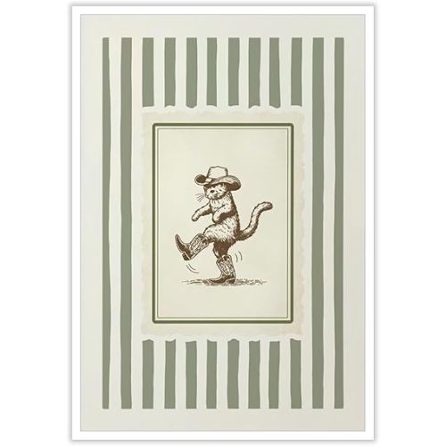 Whimsical Cowboy Cat Wall Art Vintage Cute Animal Walk Poster Sage Green Coastal Decor Striped Stamp Canvas Print Rustic Western Aesthetic for Nursery Living Room Apartment 12x16inch Unframed