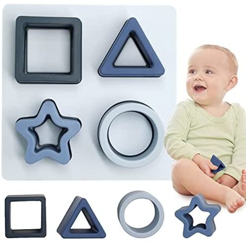 HETOMI Baby Stacking Building Blocks Silicone Teething&Squeezing Shape Sorter Puzzle Montessori Sensory Toys for Babies Toddlers 6 to 12 Months(Blue)