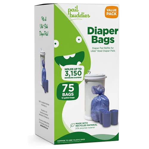Pail Buddies Diaper Bags, 75 Count, Fresh Powder Scent, Compatible with Ubbi Diaper Pail, Made with Recycled Material, 13 Gallon Capacity, Strong and Durable