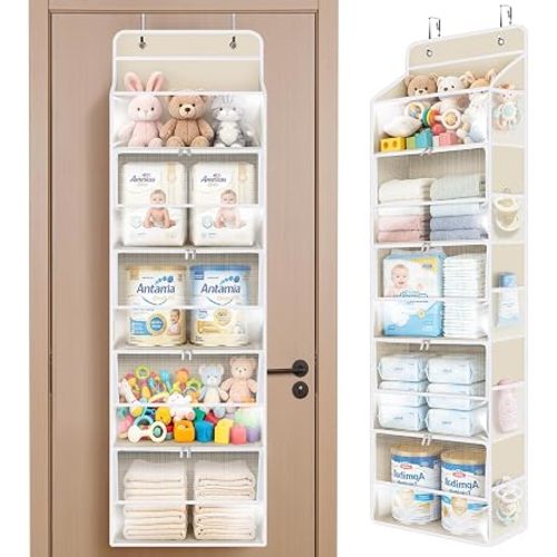 Univivi Over the Door Organizer for Baby Nursery, 5-Shelf, Light Beige