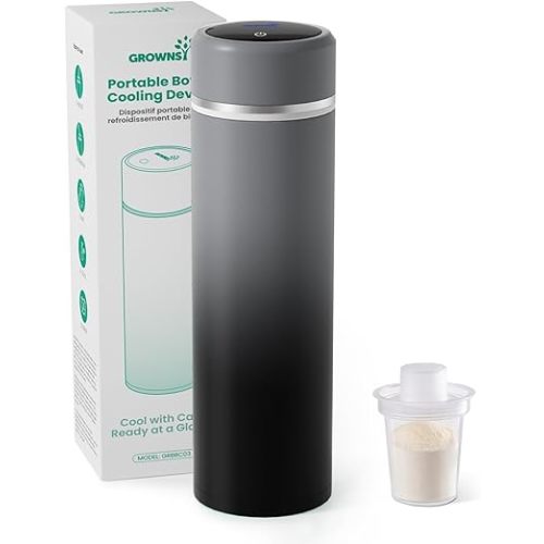 Grownsy Portable Baby Formula Bottle Maker, Rapid Cooling in 3 Min, Pure Physical Cooling, No Power Needed, Smart Color Temp Display, Travel & Night Feeding Essential, Includes Formula Dispenser,Black