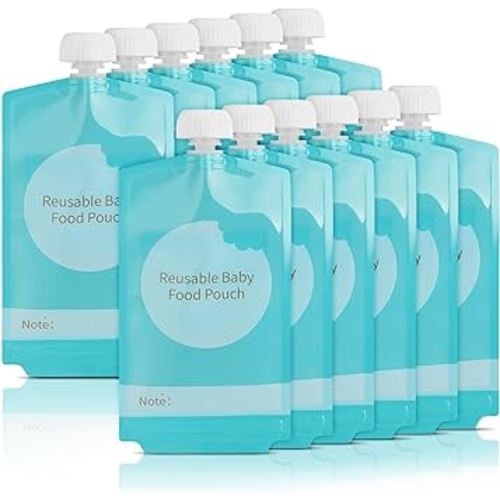 Kirecoo Reusable Baby Food Pouches - 12PCS 7oz Refillable Baby Food Storage Pouches, Squeeze Homemade Organic Applesauce Yogurt Smoothie Puree Storage for Kids Toddlers, Washable Freezer Safe