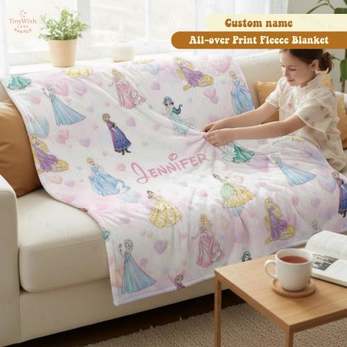 Personalized Watercolor Coquette Bows Disney Princess Blanket, Princess Birthday Girl Beach Towel Summer Trip, Disneyland Gift For Daughter