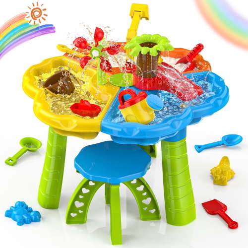 JoyStone 3 in 1 Kids Sand Water Table, 37PCS Sensory Play Table, 24"x24"x14.56" Outdoor Summer Toy Gift for Toddlers Boys Girls