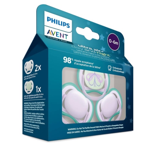 Philips Avent Ultra Air day time/night time pacifier 0-6m, fresh lilac/butterfly, 3 pack, SCF085/67