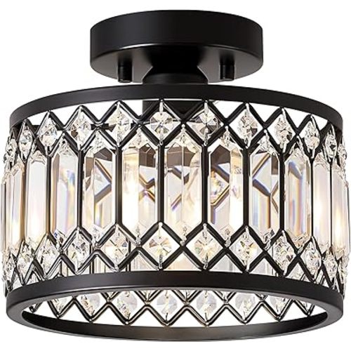 Crystal Ceiling Light Fixture, Modern Semi Flush Mount Ceiling Light, Black Lighting Fixtures Ceiling Lamp for Hallway, Kitchen, Entryway, Bedroom, Laundry Room, 9.05 Inch