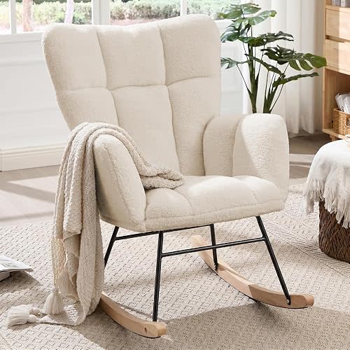 Sudwesto Nursery Rocking Chair, Teddy Upholstered Glider Chair with High Backrest, Tufted Rocker Glider Chair with Thick Cushion, Cozy Rocking Armchair, Rocker Padded Seat for Bedroom(Beige)