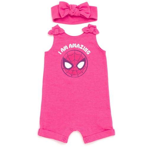 Marvel Avengers Spider-Man Newborn Baby Girls French Terry Romper and Headband Newborn to Toddler