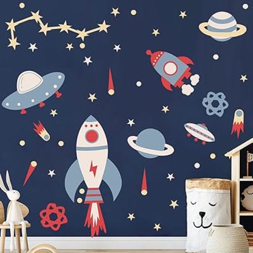 Space Peel and Stick Decals Rocket Planets Stars Wall Sticker Removable Vinyl Decals for Nursery Kids Room Girls Boys Bedroom Playroom Wall Decor