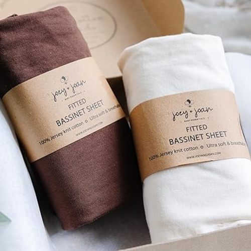 Bedside Sleeper Bassinet Fitted Sheets 33x20 for Maxi COSI Iora, Koola Baby, Baby Joy, Angelbliss, Kidsclub Bedside Bassinet – 100% Jersey Cotton – Cream + Brown – 2 Pack