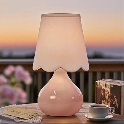 14''H Cordless LED Table Lamp with Dimmer, Ceramic Bedside Table Lamp, Rechargeable & 3-Level Brightness, Ceramic Base, Detachable Bulb, Linen Shade, Desk lamp for Cozy Teens Room Decor (Pink)
