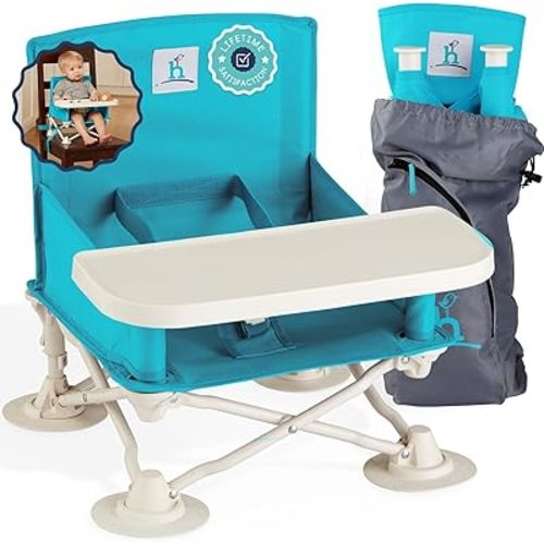 Hiccapop OmniBoost Travel Booster Seat with Tray for Baby | Folding Portable Seat for Dining Table, Camping, Beach, Grandma’s | Tip-Free Design Straps to Kitchen Chairs