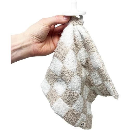 L+L USA Checkered Baby Lovey Pacifier/Teether Holder 10"x10" - DreamSoft Plush Fluffy Cuddly Soothie Reversible Mini Comfort Blanket - Cute Newborn Gift Essential Babies Boys Girls (Tan/White)