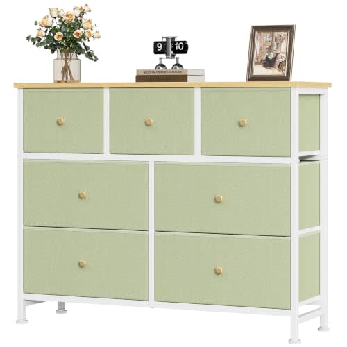 OLIXIS 7 Drawer Fabric Dresser, Storage Tower for Bedroom and Closet | Easy-Pull Bins for Closet Organizers, Chest of Drawers with Steel Frame & Wooden Top for Living Room, Entryway, Light Green