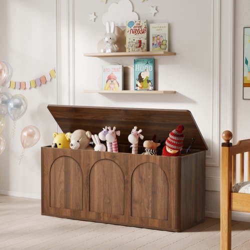 Wirrytor Walnut Curved Edge Storage Bench, Arched Panel Flip-Top Shoe Bench With Buffer Hinge, 220 Lbs Weight Capacity Entryway Organizer For Toys Blankets Hallway Bedroom Living Room