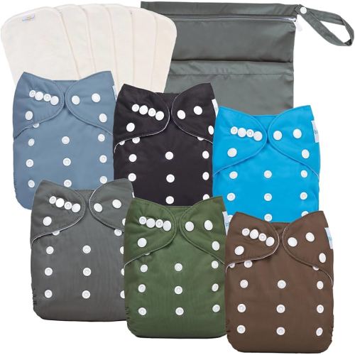 babygoal Baby Boy Cloth Diapers 6 Pack with 6pcs Inserts and Wet Bag, Reusable Waterproof Diaper Covers for Toddlers with Snap Closure