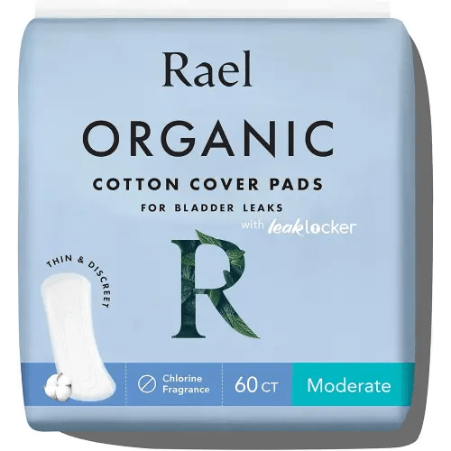 Rael Incontinence Pads for Women, Organic Cotton Cover, Postpartum Essential, Heavy Absorbency, Bladder Control, 4-Layer Core with Leak Guard Technology, Long Length (Moderate, 60 Count)