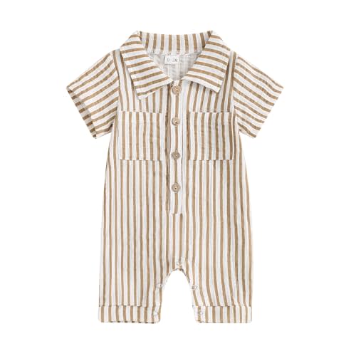 Baby Boy Vertical Striped Romper with Pockets One Piece Lapel Neck Short Sleeve Buttons Jumpsuit Spring Summer