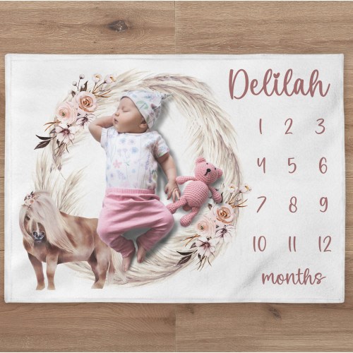 Pony Milestone Blanket, Custom Boho FLowers Horse Blanket, Personalized Pampas Leaves Baby Month Blanket, Newborn Gift, Baby Shower Gift