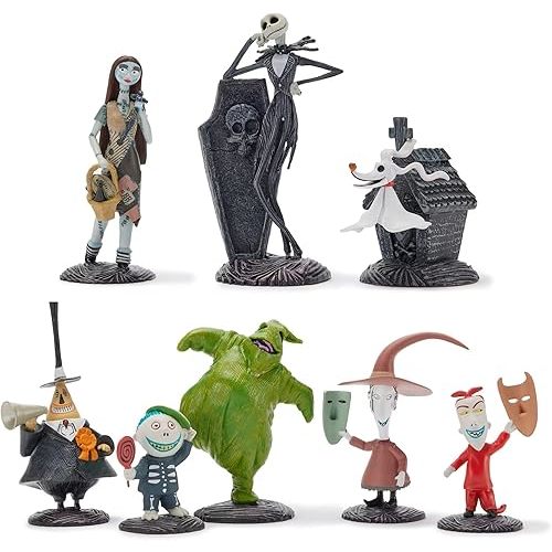 Disney Store Official The Nightmare Before Christmas Figure Set – 8 Fully Sculpted Disney Figures Including Jack Skellington, Sally, Zero & More in Double-Tiered Box with Scenic Backgrounds