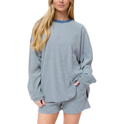 MISSACTIVER Women's Striped Lounge Set Long Sleeve Tee Shirts Drawstring Wide Leg Shorts Matching 2 Piece Pajamas Set