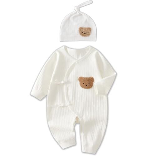 Premium Bear Romper & Hat Set | 100% Cotton Newborn Outfit (NB-9M) | Easy Side-Tie Design + Machine Washable