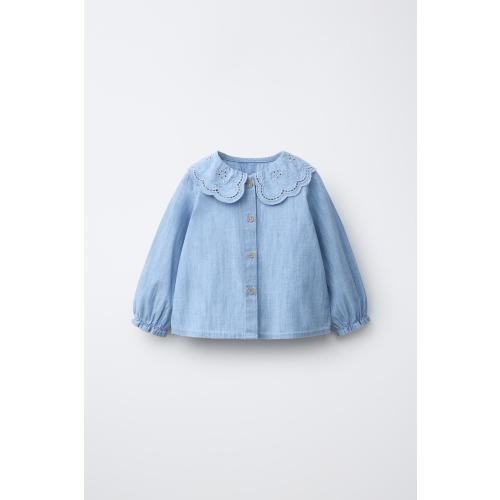 EMBROIDERED PETER PAN COLLAR SHIRT - Mid-blue | ZARA United States