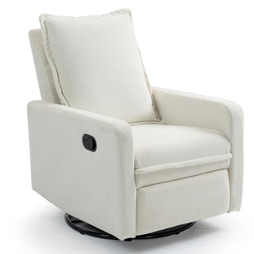 Fachmaih 360° Swivel Rocking Chair Nursery Glider Recliner Nursery Chair Manual Swivel Rocker Recliner with High Backrest Armchair Comfy Side Modern Chair for Living Room (White)