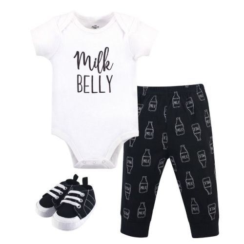 Little Treasure Baby Boy Cotton Bodysuit, Pant and Shoe 3pc Set, Milk Belly