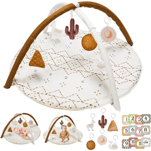 Baby Play Mat & Activity Gym, Thicker & Non-Slip Tummy Time Mat with 6 Featured Toys for Stage-Based Sensory and Motor Skill Development, Washable Macrame Design for Newborn