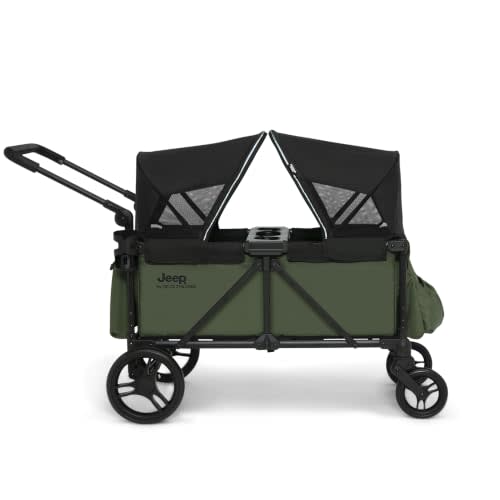 Jeep Sport Stroller Wagon by Delta Children, Black/Green | Stroller Wagon with 2 Canopies, Parent Organizer, Cup Holders, Adjustable Handlebar and Child Snack Tray