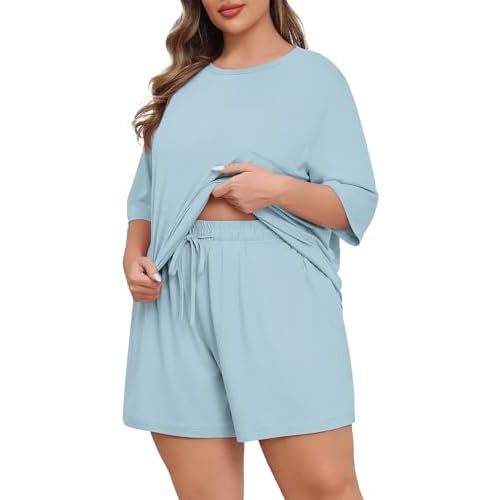 Lastshe Womens Plus Size Pajama Set 2 Piece Soft Short Sleeve with Pockets Summer Shorts Sleepwear Knit Pjs Lounge Set