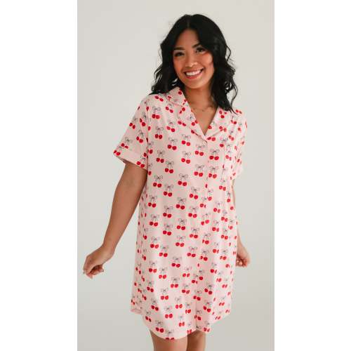 Women's Ribbed Button Down Dress In Pink Cherry Bows – Silks
