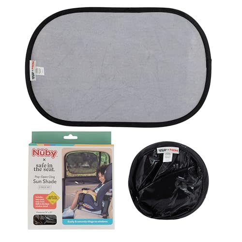 Nuby x Safe in The Seat Pop-Open Car Sun Shades - 2 Piece Set - Static Cling Window Shades for Baby in Car - UV Protection, Easy Install, and Universal Fit