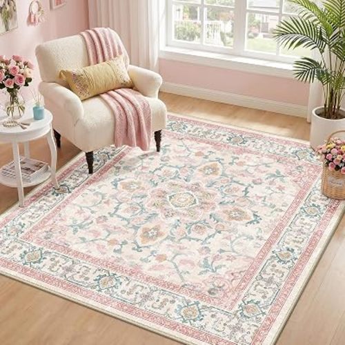 CAPALOCA Square 5ft Washable Nursery Girls Low Pile Area Rug Pink Teal