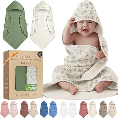 100% Organic Cotton 2 PK Muslin Baby Hooded Towel Wrap 32x32 in