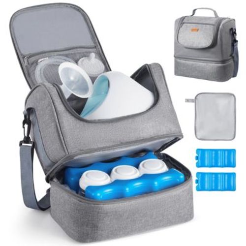 VEVOR Breast Pump Bag, Breast Feeding Bag with Ice Pack, Fits for S1/S2, Pumping Accessories & Breastmilk Storage, Portable Pump Carrying Case, Grey