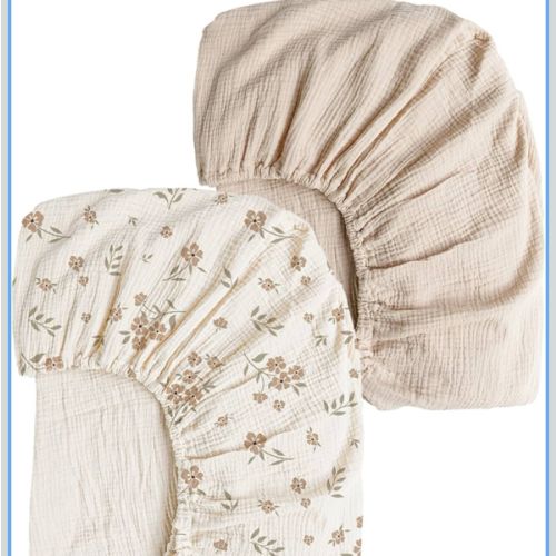 Konssy Muslin Crib Sheets for Girl Boy, 2 PCS Soft and Breathable Cotton Baby Sheets for Standard Crib Mattress, 52"x 28" (Blossom, Cream)